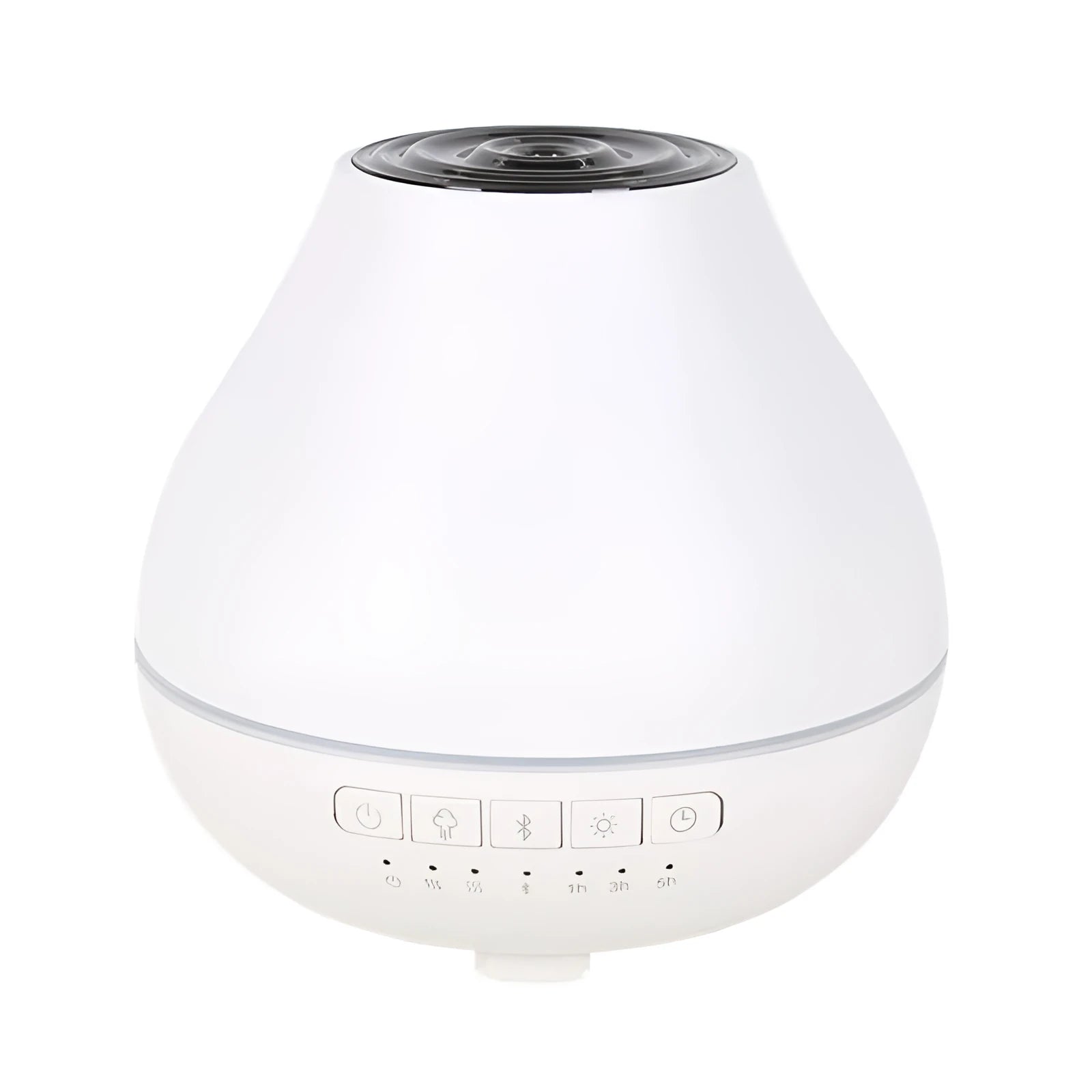 White circular Bluetooth humidifier and aroma diffuser with single mist outlet on a table