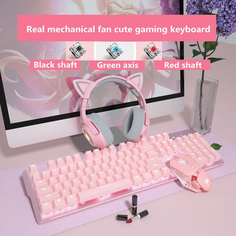 Pink mechanical keyboard and wired mouse gaming set on desk