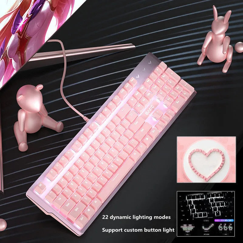 Pink mechanical keyboard and wired mouse gaming set on desk