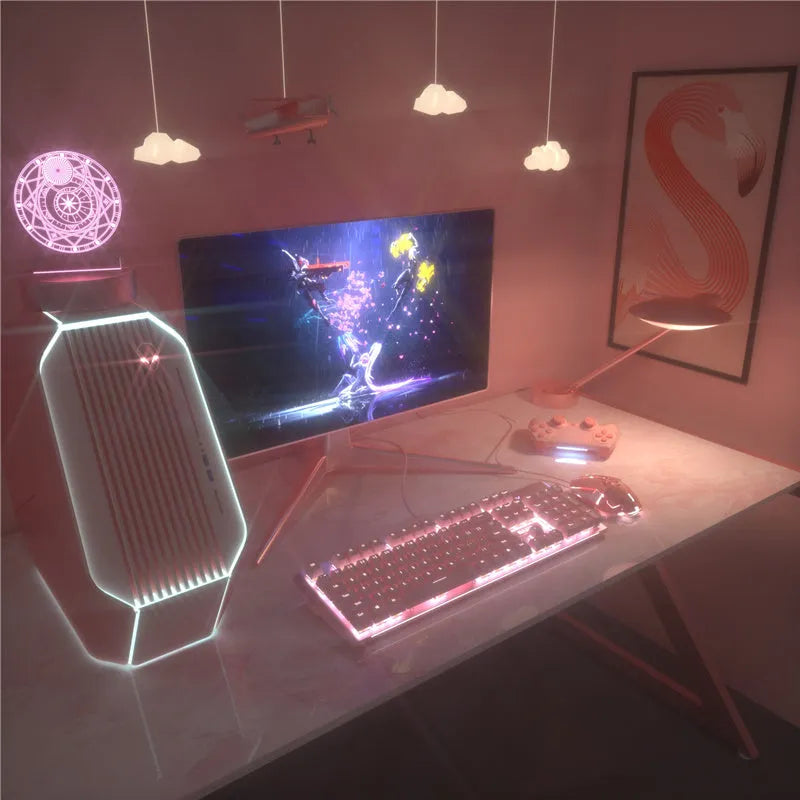 Pink mechanical keyboard and wired mouse gaming set on desk
