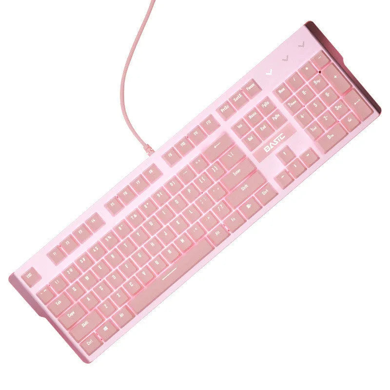 Pink mechanical keyboard and wired mouse gaming set on desk