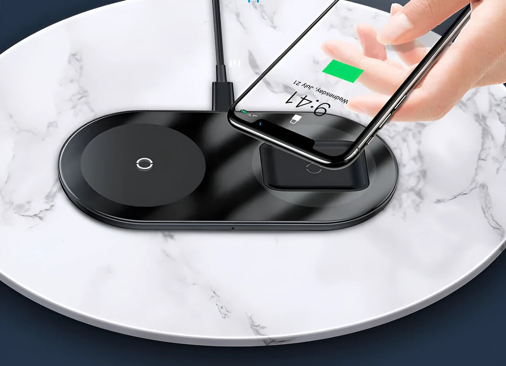 Baseus minimalist two-in-one wireless charger for phones and Pods in black colour