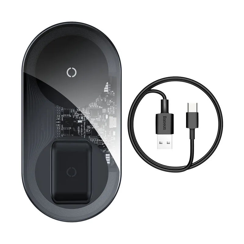 Baseus minimalist two-in-one wireless charger for phones and Pods in black colour