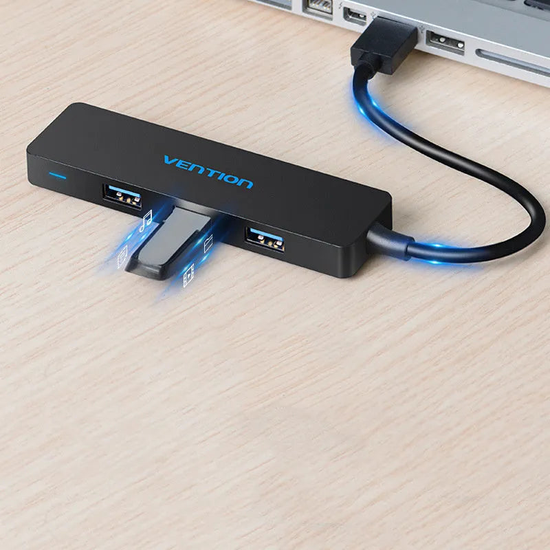 Black four-port USB 3.0 hub with 0.15m cable showing USB connectors