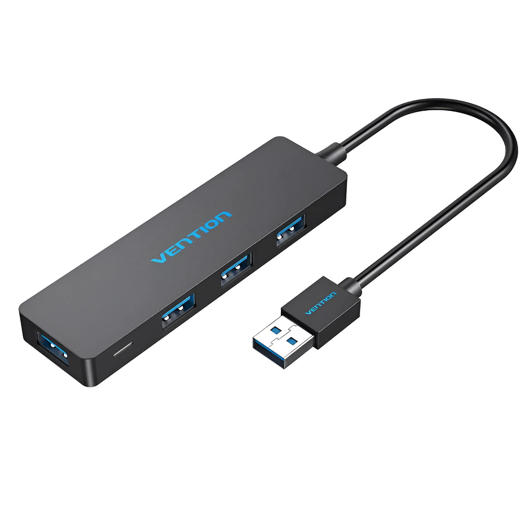 Black four-port USB 3.0 hub with 0.15m cable showing USB connectors