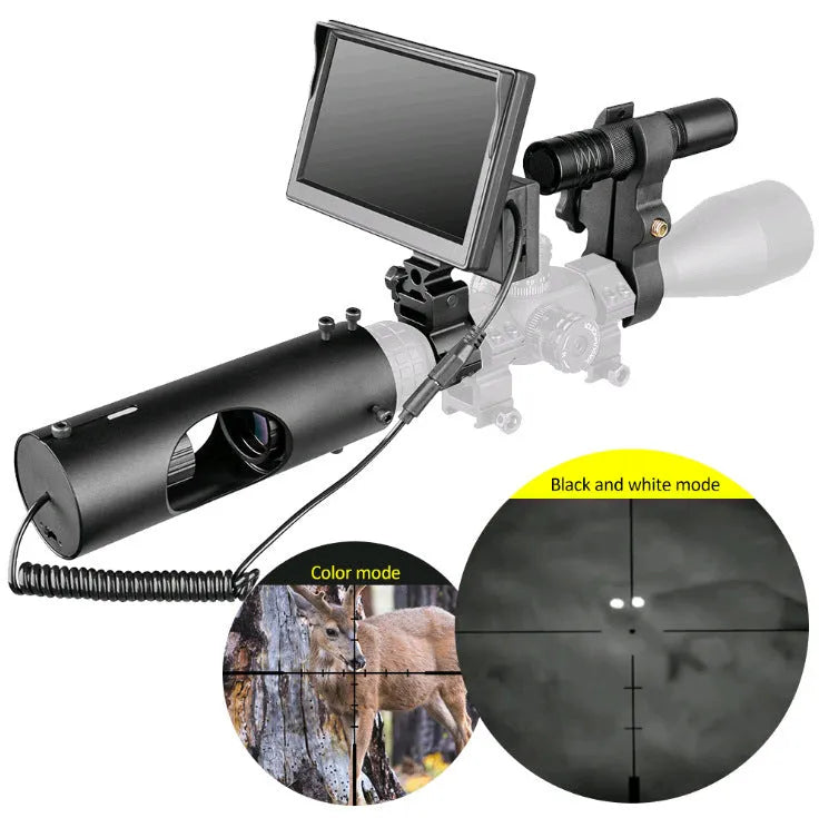 Black digital night vision goggles with a 5-inch LCD screen and large objective lenses.