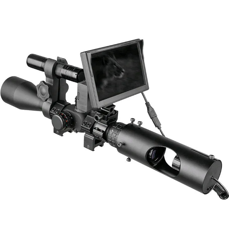 Black digital night vision goggles with a 5-inch LCD screen and large objective lenses.