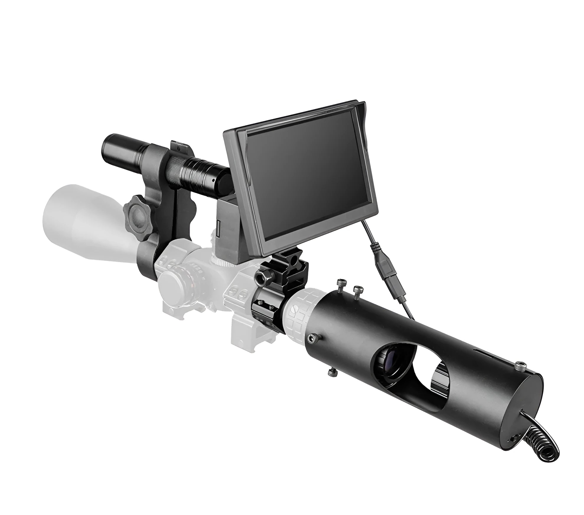 Black digital night vision goggles with a 5-inch LCD screen and large objective lenses.