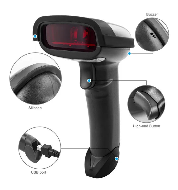 Black wireless handheld laser barcode scanner with USB interface for retail inventory use