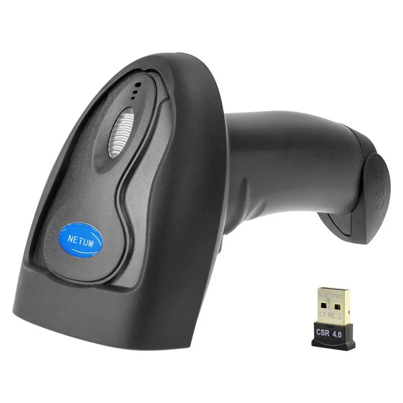 Black wireless handheld laser barcode scanner with USB interface for retail inventory use