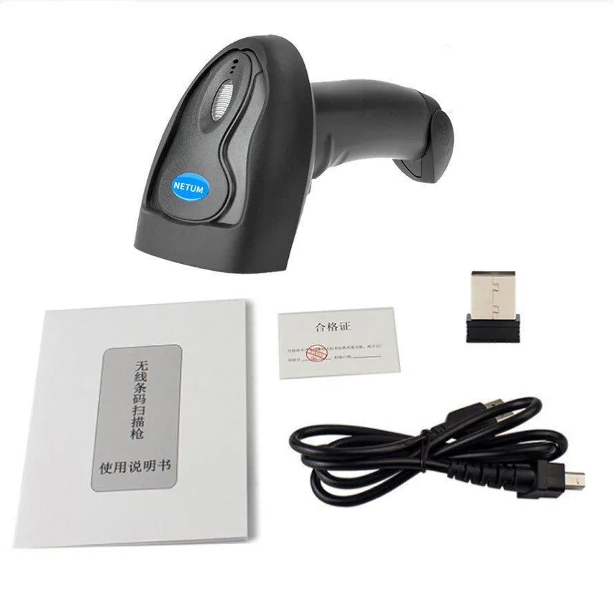 Black wireless handheld laser barcode scanner with USB interface for retail inventory use