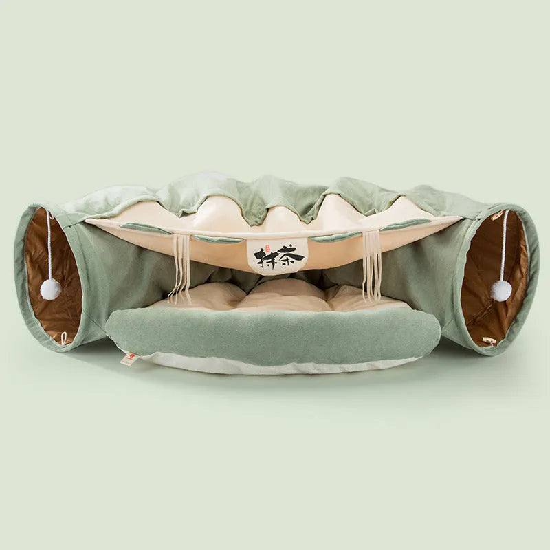 Collapsible cloth cat tunnel in Pink colour, shown extended for play.