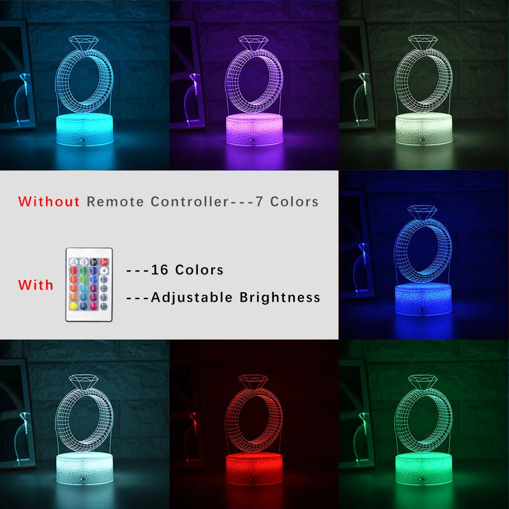 3D LED night light projecting illuminated diamond ring image with colour-changing glow.