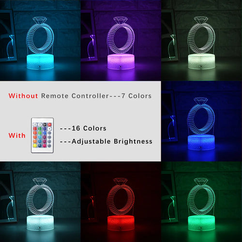 3D LED night light projecting illuminated diamond ring image with colour-changing glow.
