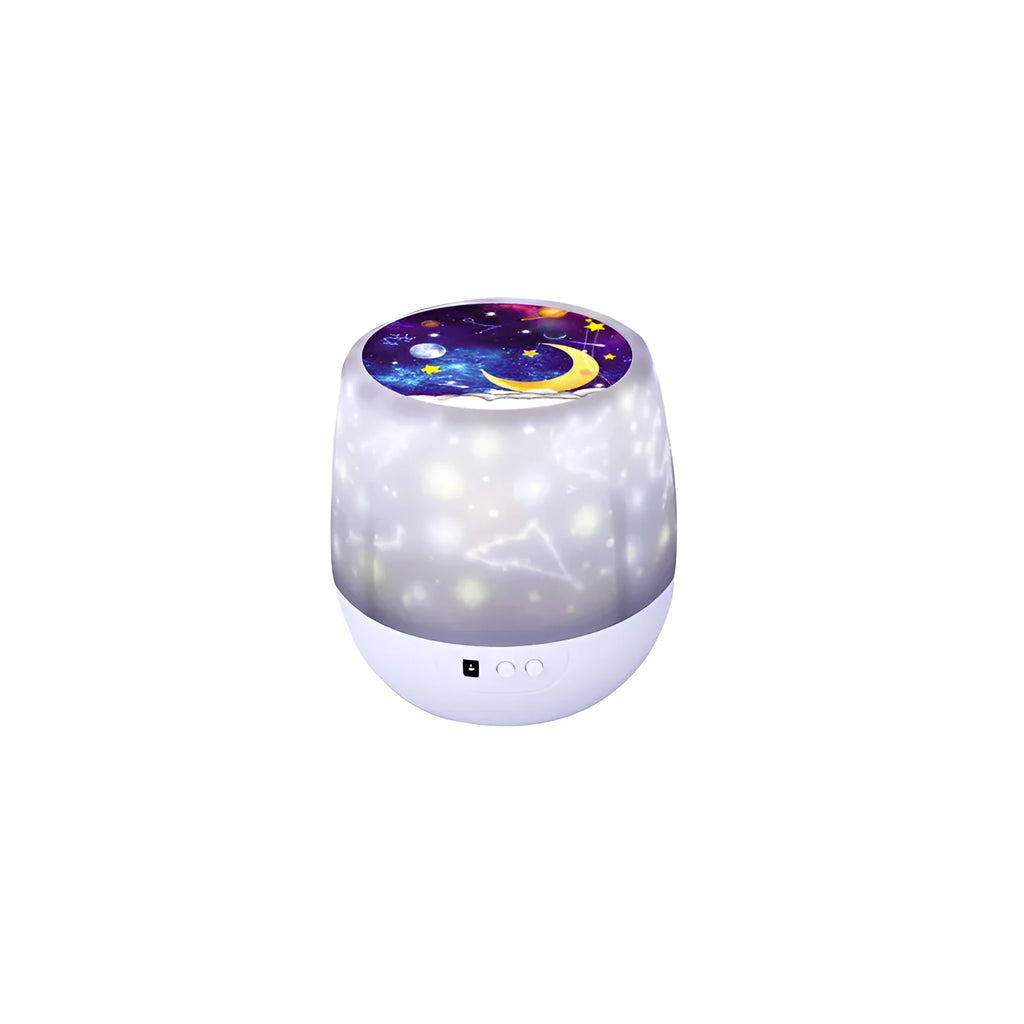 Pruixin PRX1363 LED projector night light displaying rotating starry sky pattern on a bedroom ceiling.