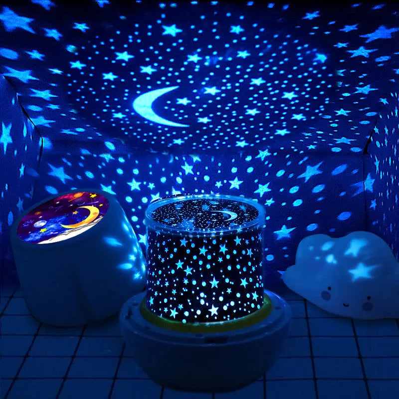 Pruixin PRX1363 LED projector night light displaying rotating starry sky pattern on a bedroom ceiling.