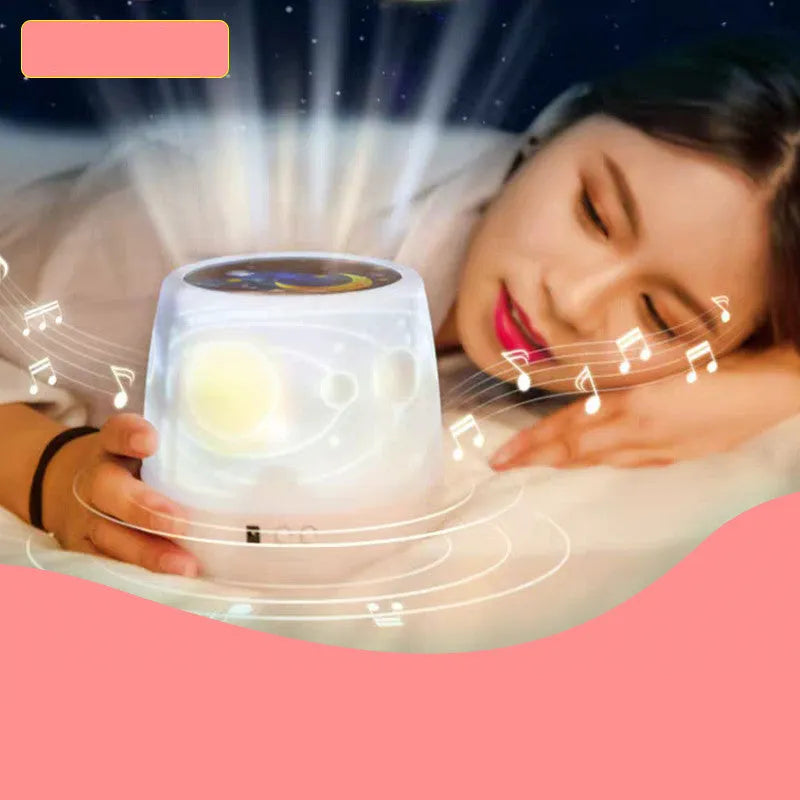 Pruixin PRX1363 LED projector night light displaying rotating starry sky pattern on a bedroom ceiling.