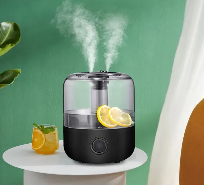 Black and white ultrasonic humidifier with 3 litre capacity and quiet bedroom operation