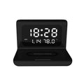 White wireless charger alarm clock showing time, date, temperature and humidity with charging surface