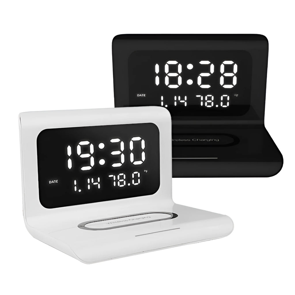 White wireless charger alarm clock showing time, date, temperature and humidity with charging surface