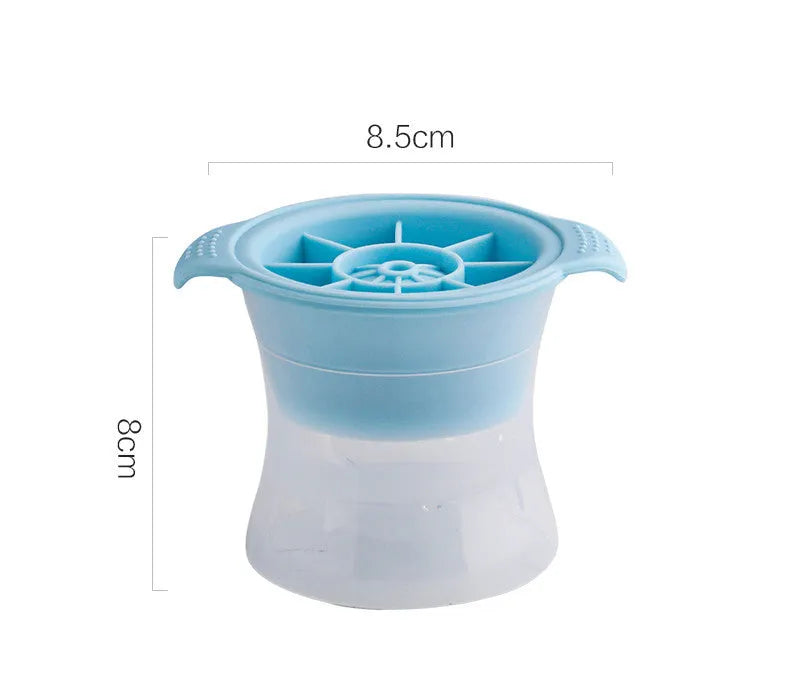 Silicone ice tray showing hockey puck moulds and spherical ice moulds in light blue colour
