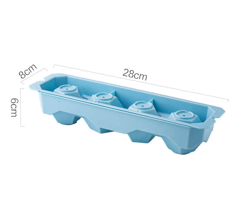 Silicone ice tray showing hockey puck moulds and spherical ice moulds in light blue colour