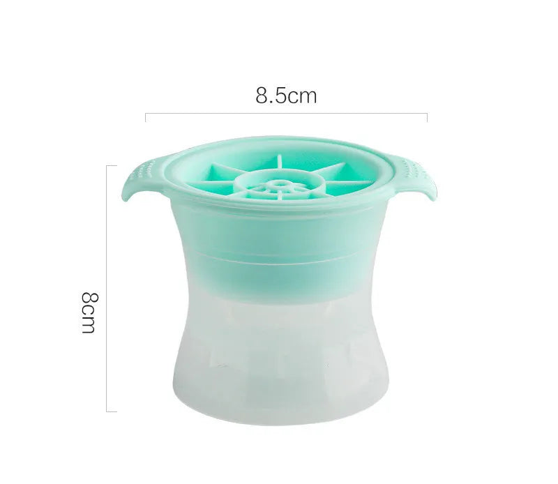 Silicone ice tray showing hockey puck moulds and spherical ice moulds in light blue colour