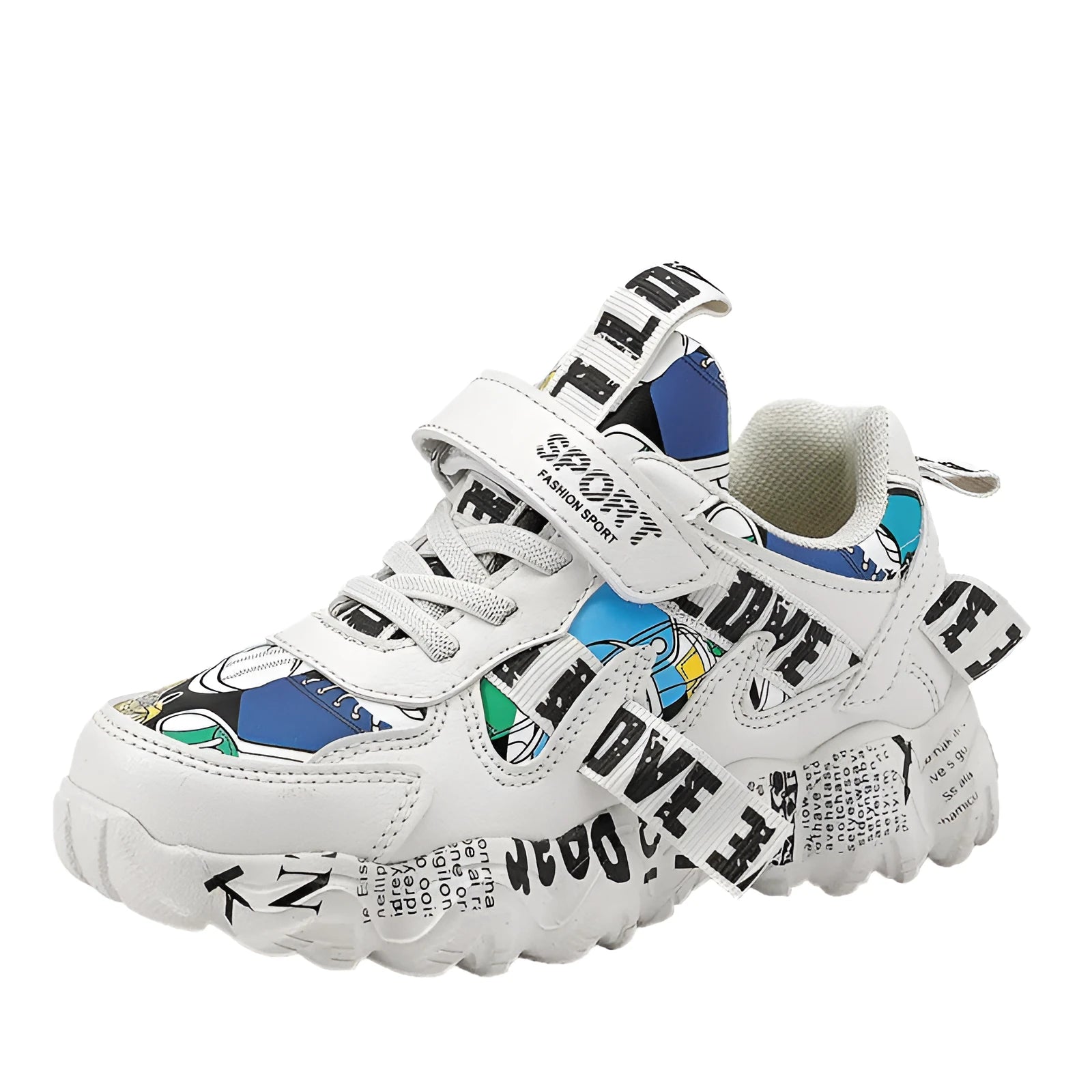Children's blue and red Velcro sports sneakers with a rubber sole on a white background.