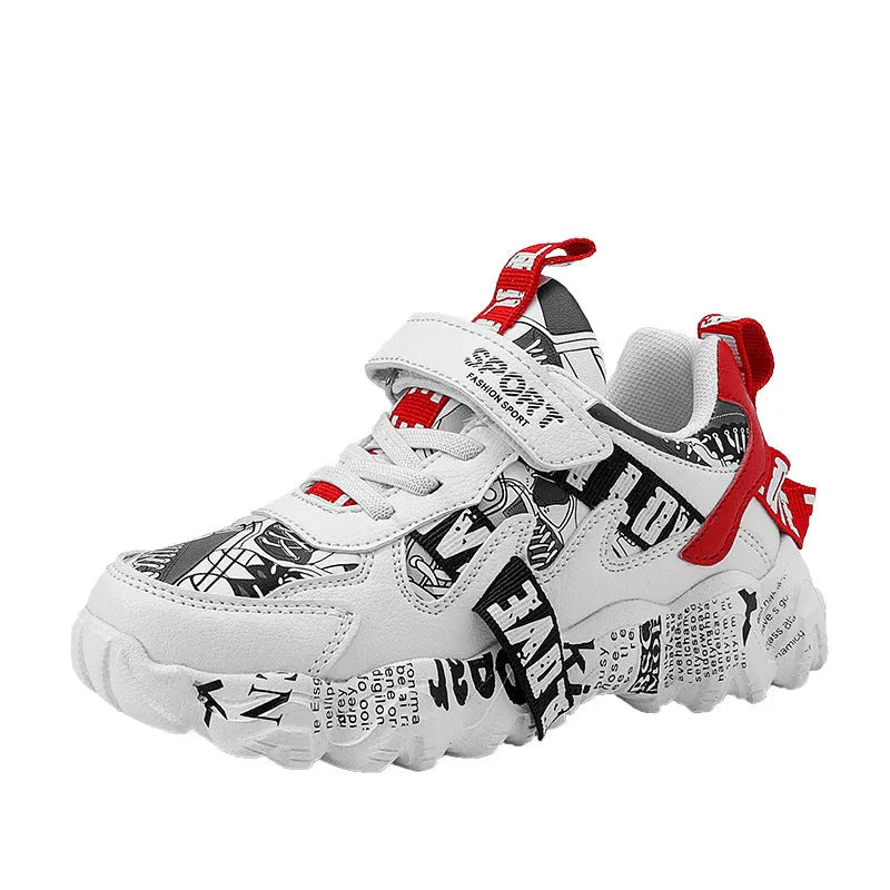 Children's blue and red Velcro sports sneakers with a rubber sole on a white background.