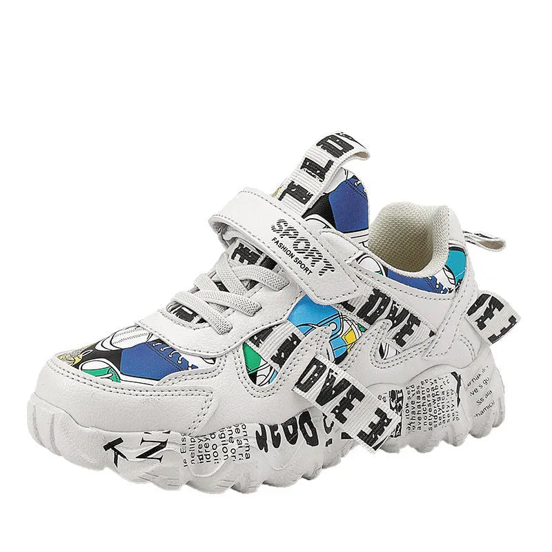 Children's blue and red Velcro sports sneakers with a rubber sole on a white background.