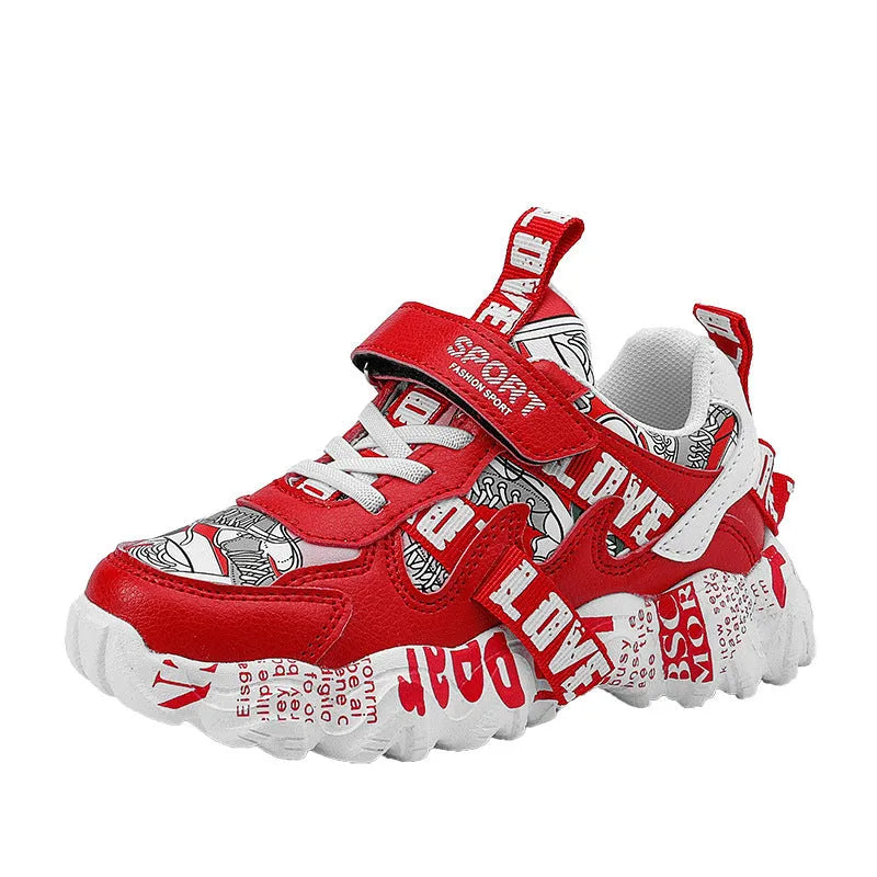 Children's blue and red Velcro sports sneakers with a rubber sole on a white background.
