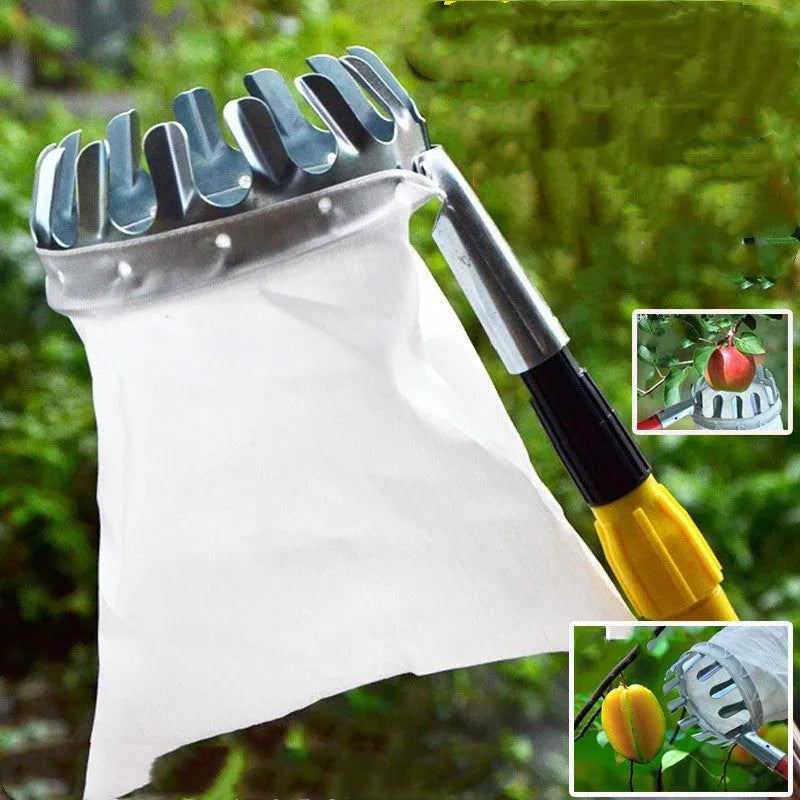 Steel framed fruit picker basket with cloth bag for harvesting pears and citrus fruits