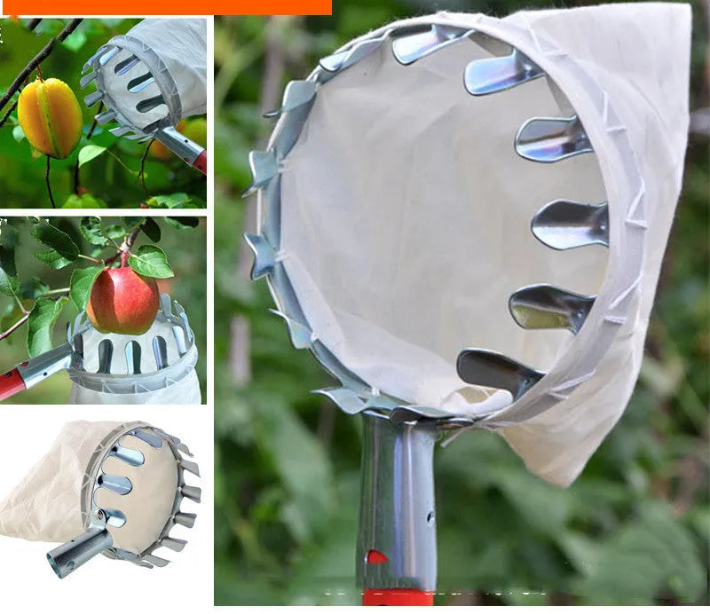 Steel framed fruit picker basket with cloth bag for harvesting pears and citrus fruits