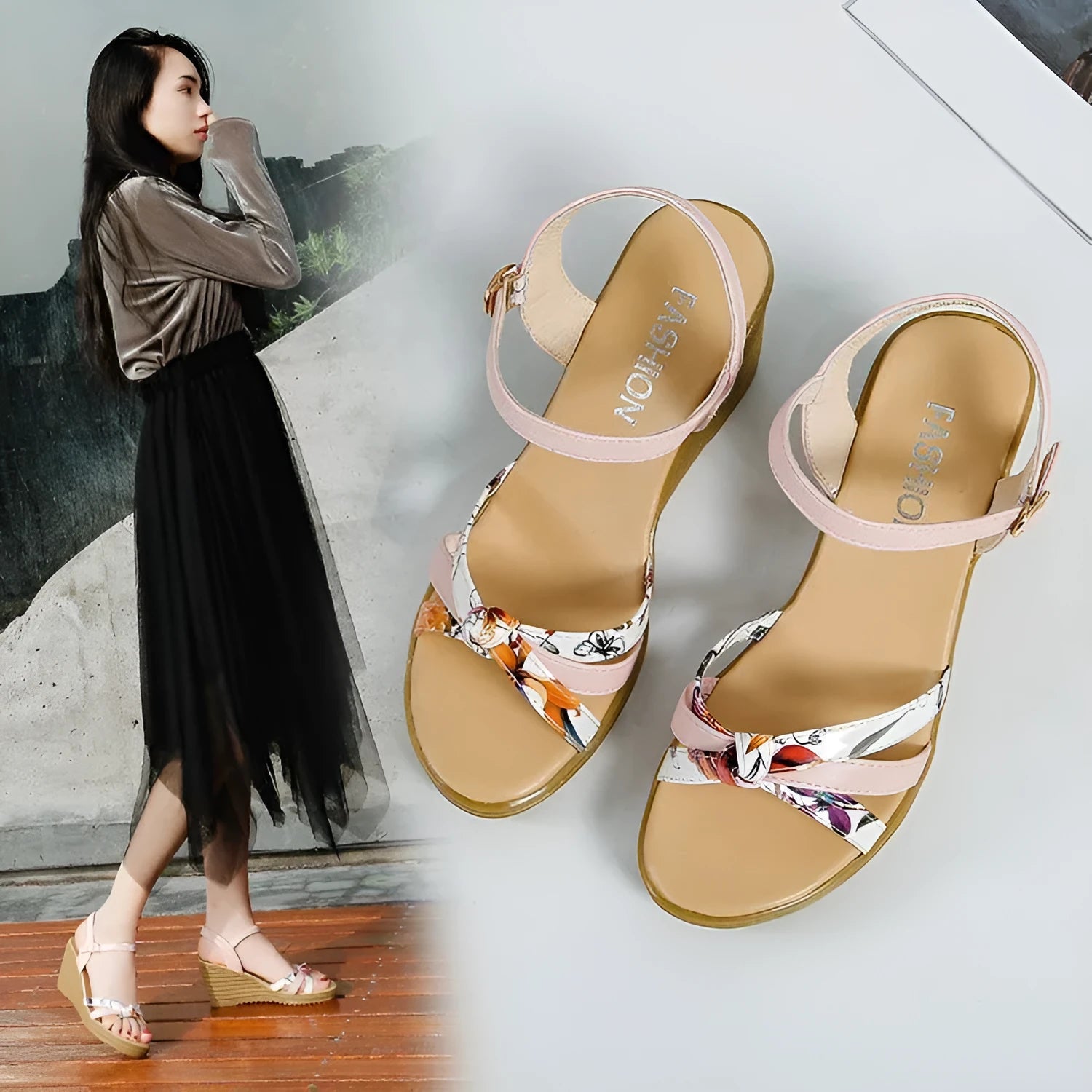 Women's pink wedge sandals with a fish mouth open toe and a buckle strap on a non-slip sole.