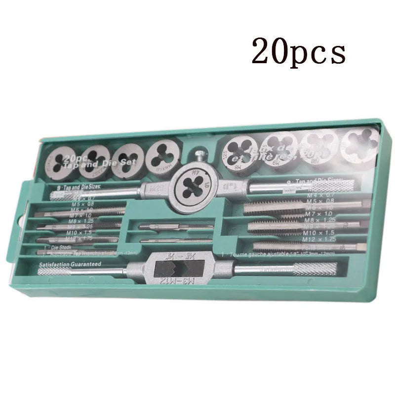 20-piece alloy steel metric tap and die set with silver or titanium-plated finish for hand threading operations