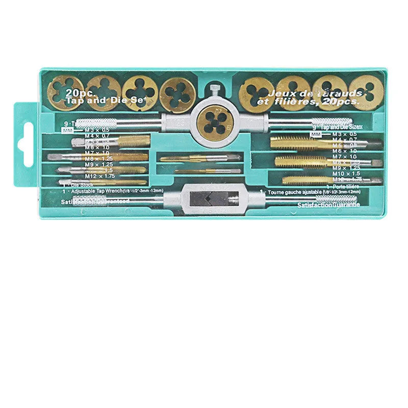 20-piece alloy steel metric tap and die set with silver or titanium-plated finish for hand threading operations