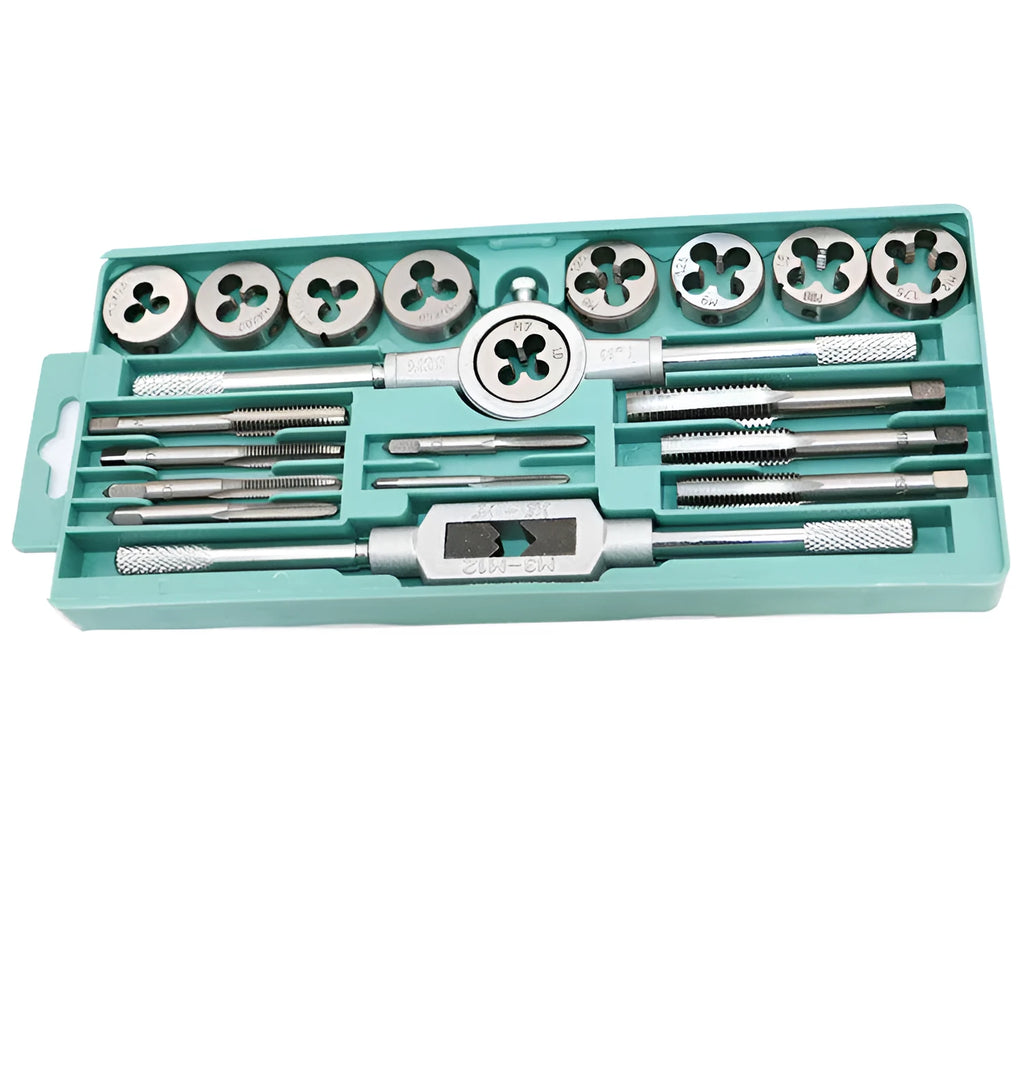 20-piece alloy steel metric tap and die set with silver or titanium-plated finish for hand threading operations