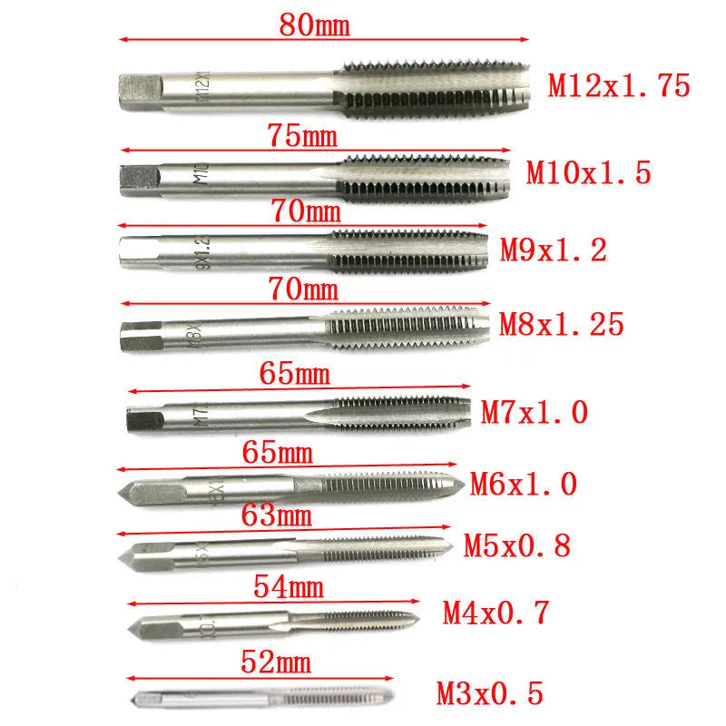 20-piece alloy steel metric tap and die set with silver or titanium-plated finish for hand threading operations