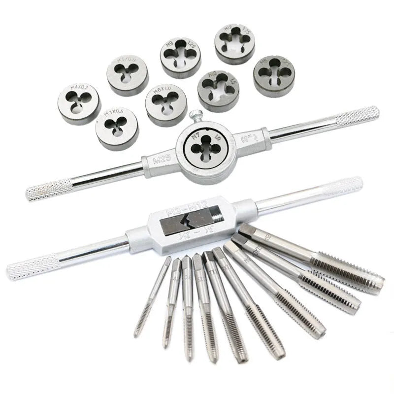 20-piece alloy steel metric tap and die set with silver or titanium-plated finish for hand threading operations