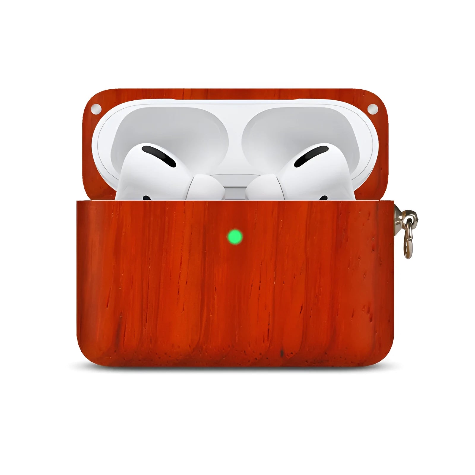Solid wood Bluetooth earphone sleeve in a choice of natural wood finishes next to wireless earphones