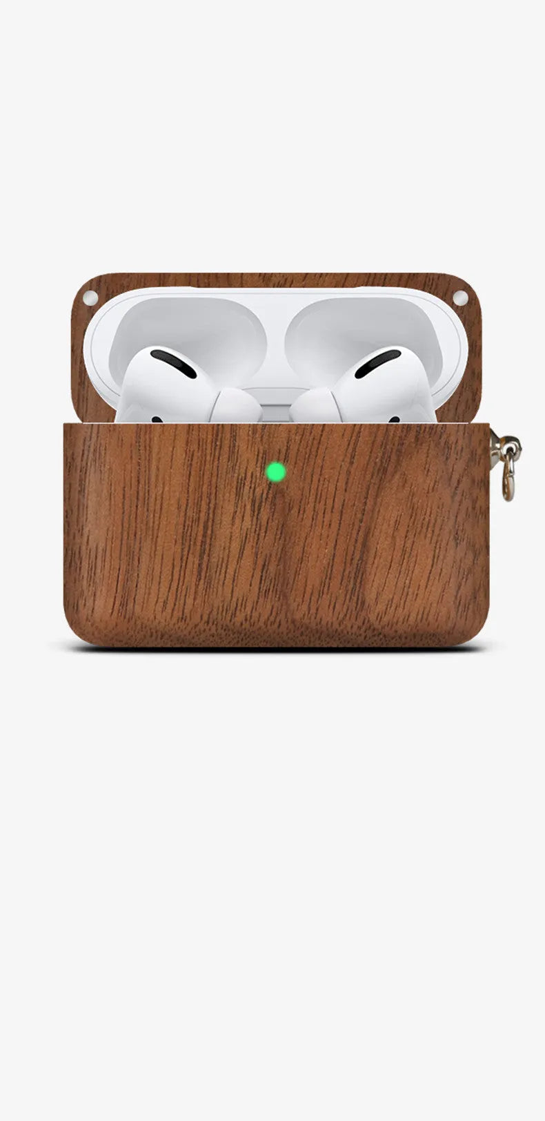 Solid wood Bluetooth earphone sleeve in a choice of natural wood finishes next to wireless earphones