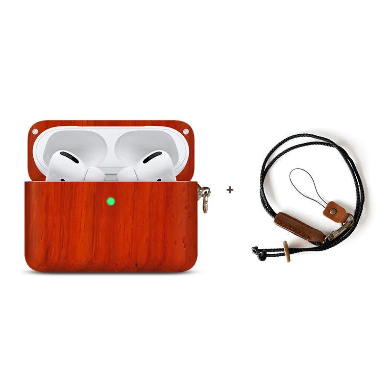 Solid wood Bluetooth earphone sleeve in a choice of natural wood finishes next to wireless earphones