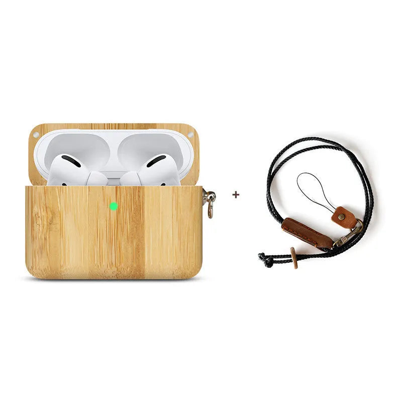 Solid wood Bluetooth earphone sleeve in a choice of natural wood finishes next to wireless earphones