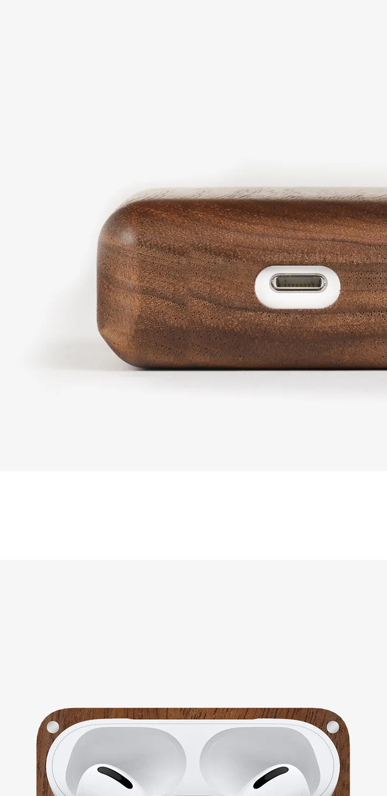 Solid wood Bluetooth earphone sleeve in a choice of natural wood finishes next to wireless earphones