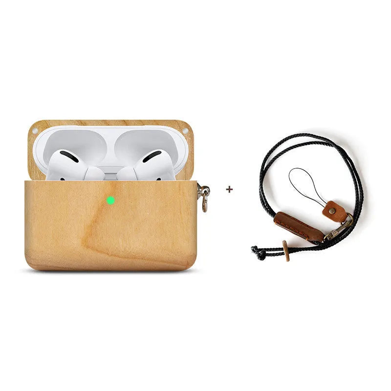 Solid wood Bluetooth earphone sleeve in a choice of natural wood finishes next to wireless earphones