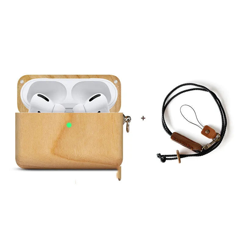 Solid wood Bluetooth earphone sleeve in a choice of natural wood finishes next to wireless earphones