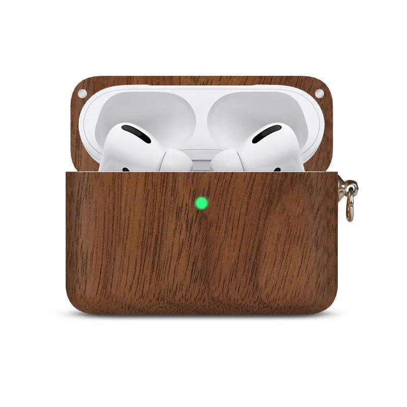 Solid wood Bluetooth earphone sleeve in a choice of natural wood finishes next to wireless earphones