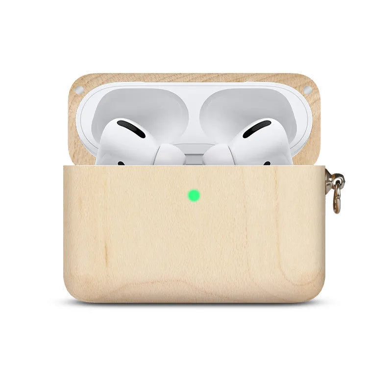 Solid wood Bluetooth earphone sleeve in a choice of natural wood finishes next to wireless earphones