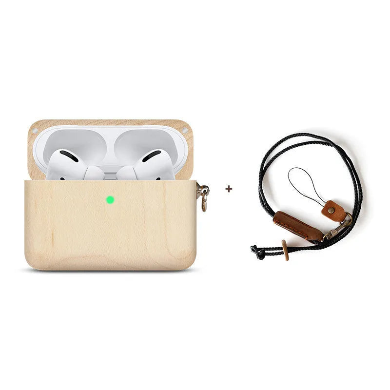 Solid wood Bluetooth earphone sleeve in a choice of natural wood finishes next to wireless earphones
