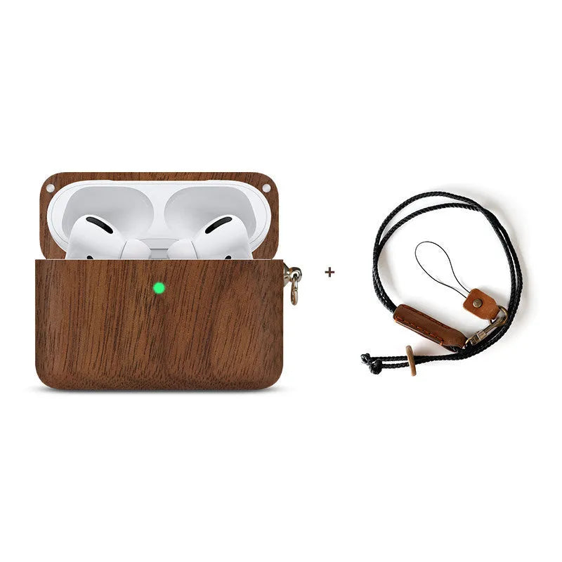 Solid wood Bluetooth earphone sleeve in a choice of natural wood finishes next to wireless earphones